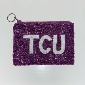 NEW TCU Seed Bead Beaded Coin Purse/Wallet/Zip Pouch with Key Ring